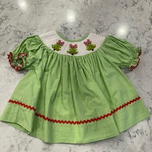 Green Gingham Toddler Smocked Dress with Holiday Trees